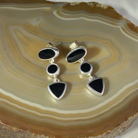 Sterling Silver Three-Stone Black Onyx Drop Earrings - Picture 2 of 3